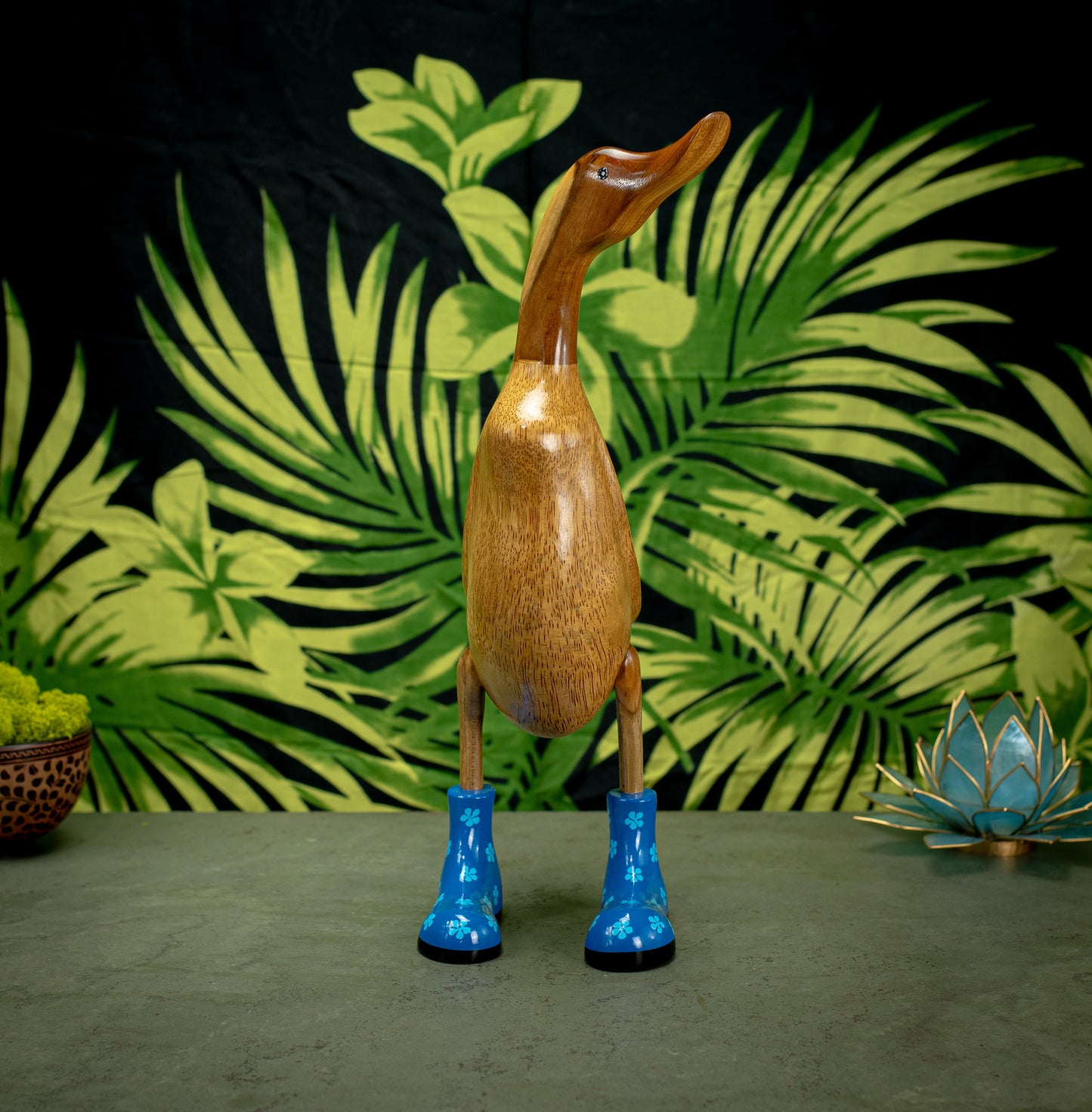 Hand Carved, Hand Painted Wooden Sculpture of a Duck in Shiny Blue Boots with Flowers
