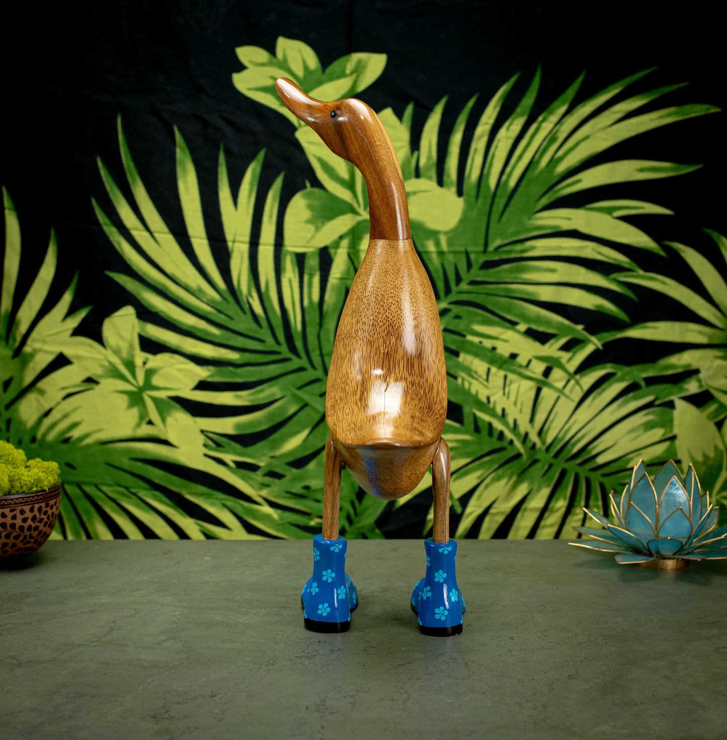 Hand Carved, Hand Painted Wooden Sculpture of a Duck in Shiny Blue Boots with Flowers