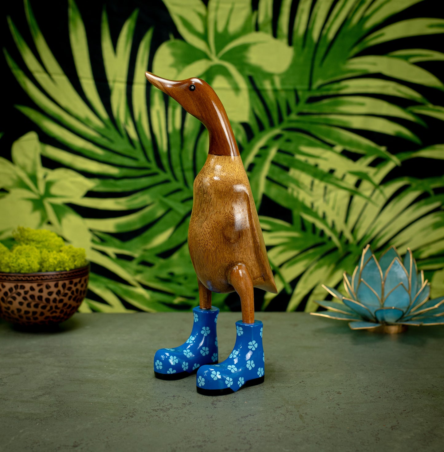 Hand Carved, Hand Painted Wooden Sculpture of a Duck in Shiny Blue Boots with Flowers