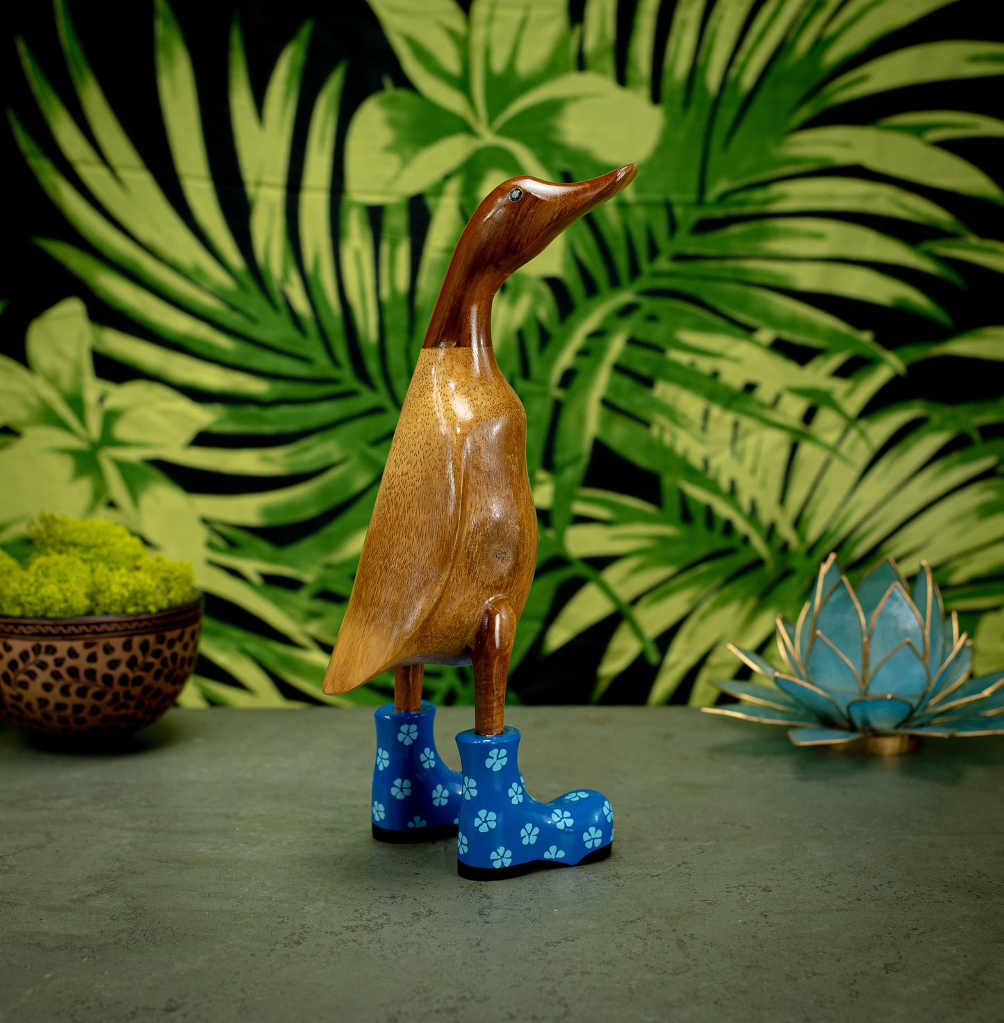 Hand Carved, Hand Painted Wooden Sculpture of a Duck in Shiny Blue Boots with Flowers