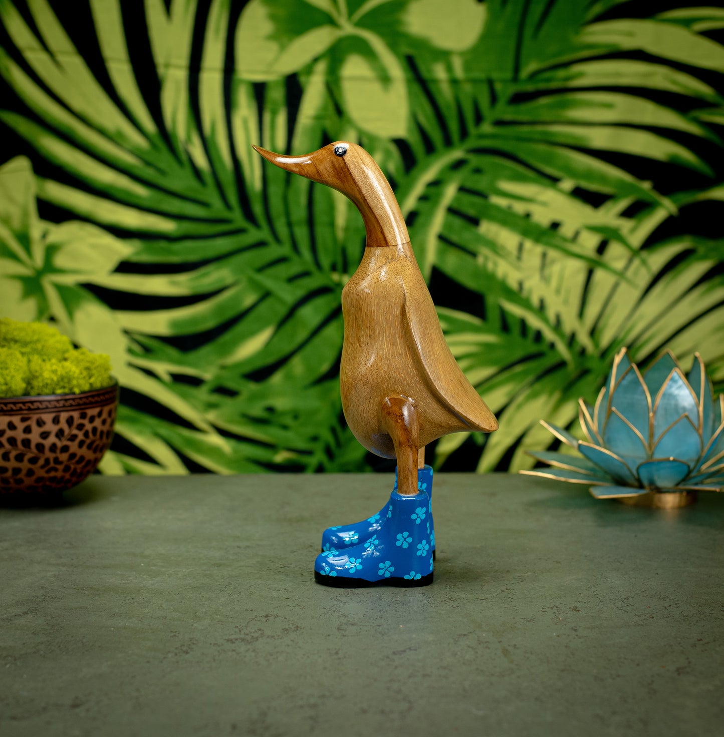 Hand Carved, Hand Painted Wooden Sculpture of a Duck in Shiny Blue Boots with Flowers