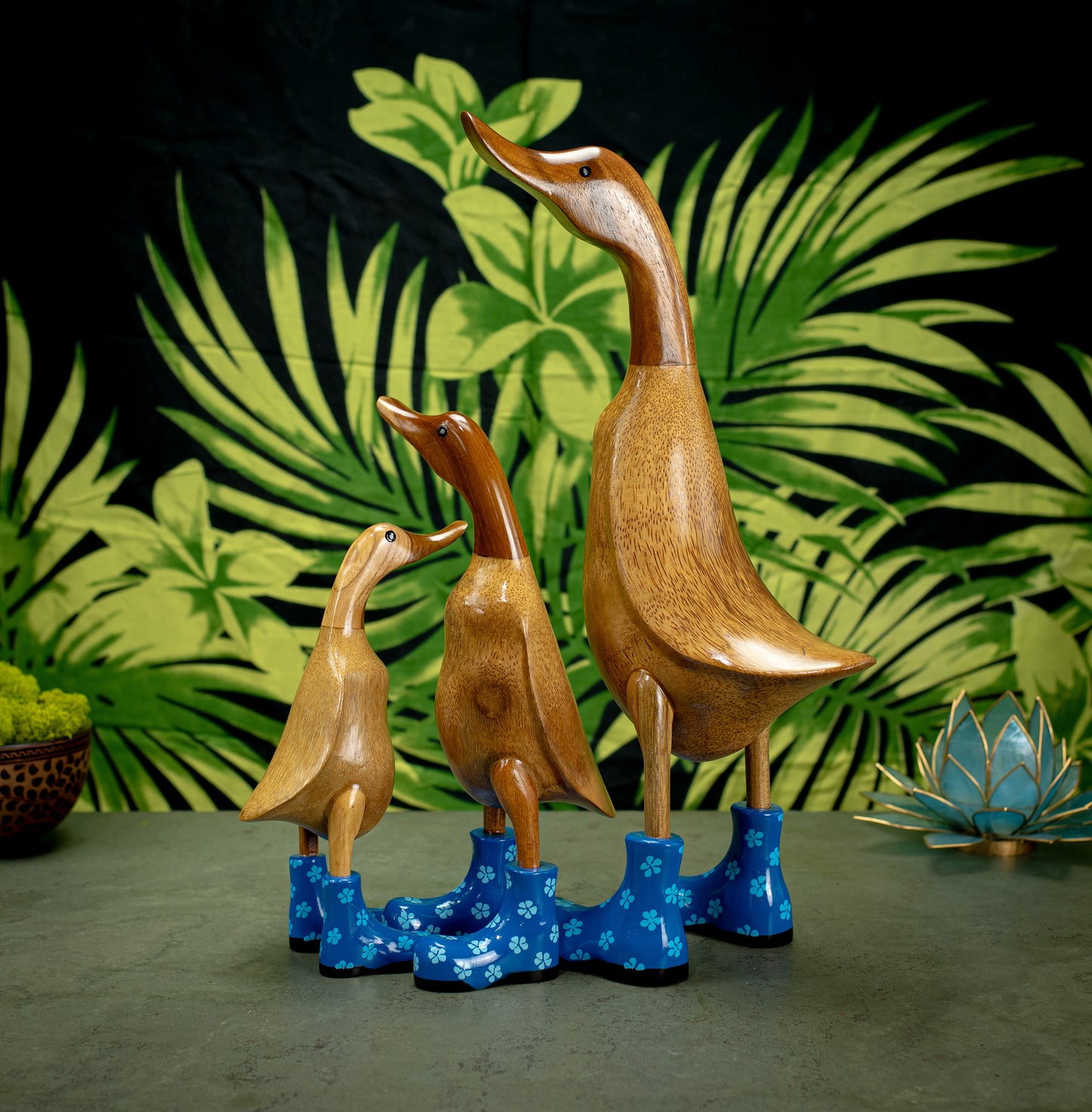 Hand Carved, Hand Painted Wooden Sculpture of a Duck in Shiny Blue Boots with Flowers