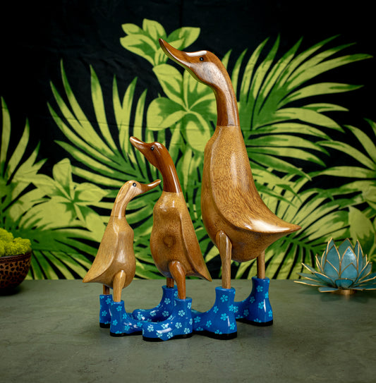 Hand Carved, Hand Painted Wooden Sculpture of a Duck in Shiny Blue Boots with Flowers