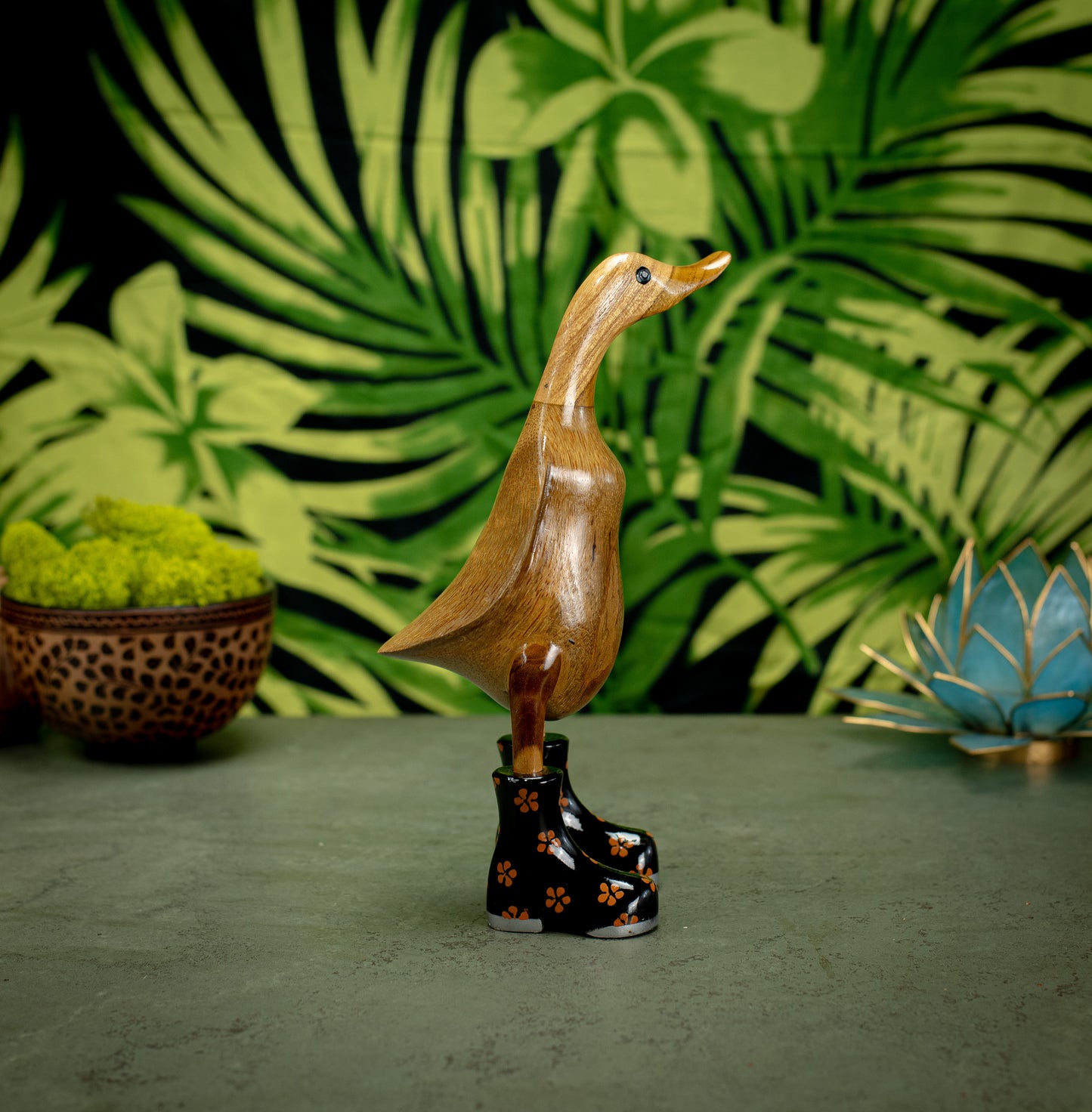 Hand Carved, Hand Painted Wooden Sculpture of a Duck in Shiny Black Boots with Flowers