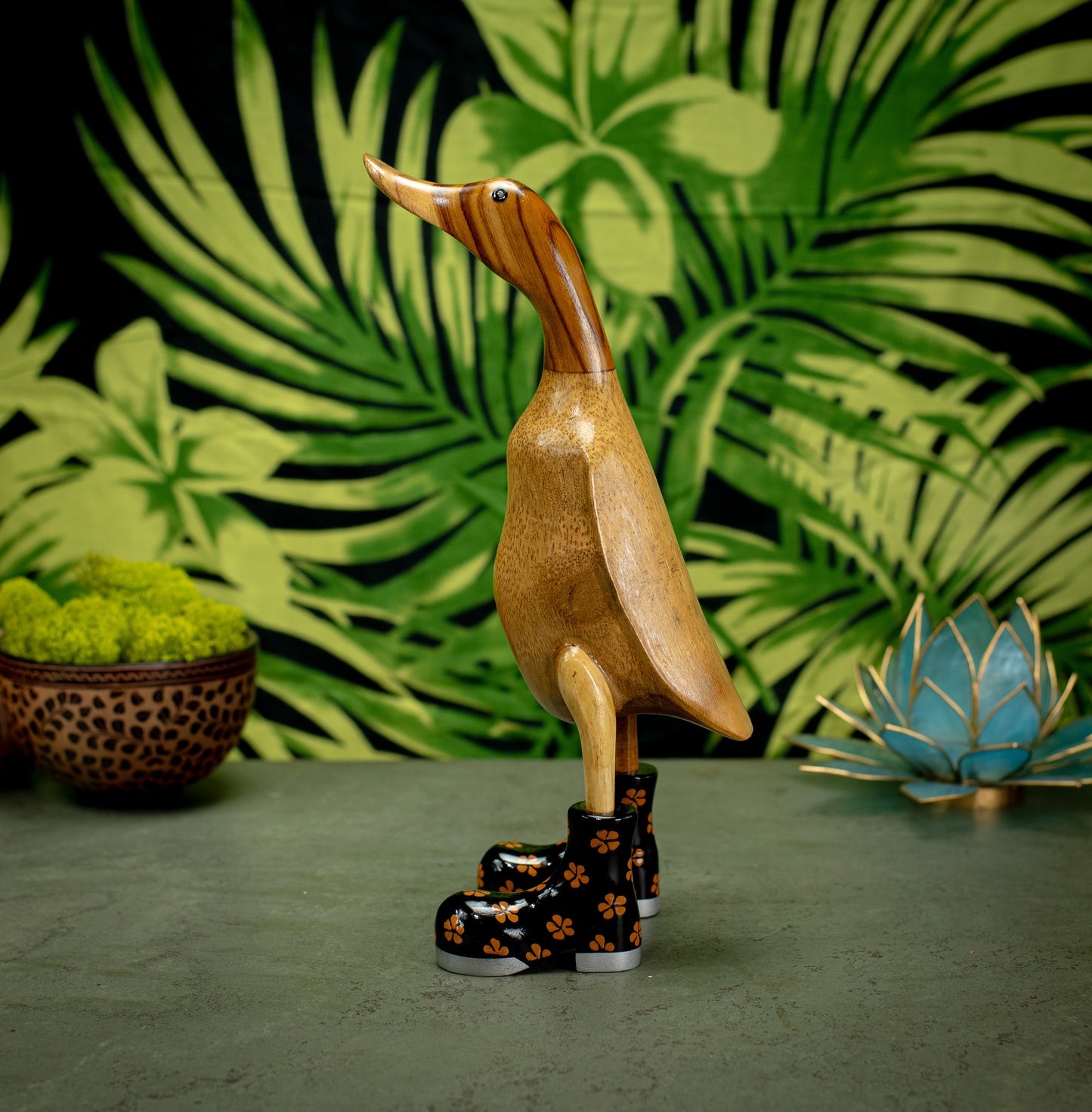 Hand Carved, Hand Painted Wooden Sculpture of a Duck in Shiny Black Boots with Flowers