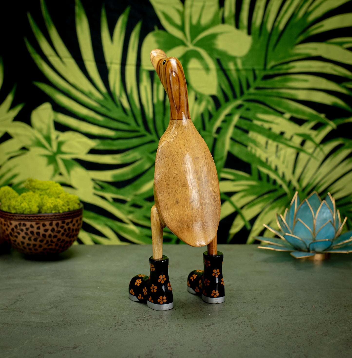 Hand Carved, Hand Painted Wooden Sculpture of a Duck in Shiny Black Boots with Flowers