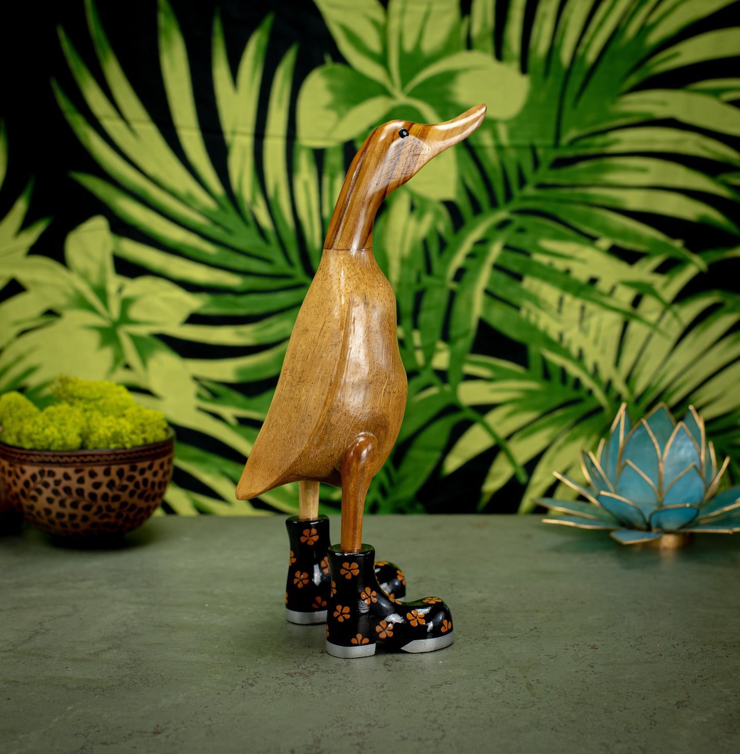 Hand Carved, Hand Painted Wooden Sculpture of a Duck in Shiny Black Boots with Flowers