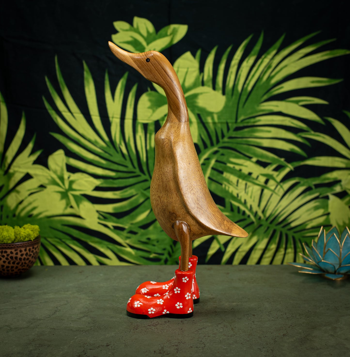 Hand Carved, Hand Painted Wooden Sculpture of a Duck in Shiny Orange Boots with Flowers