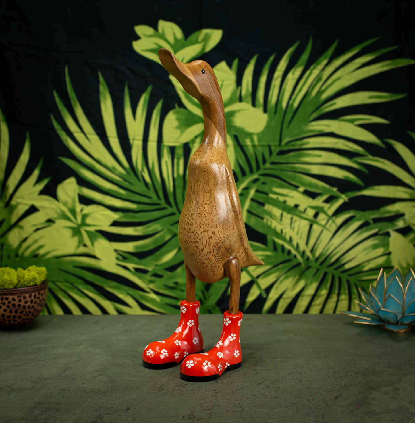 Hand Carved, Hand Painted Wooden Sculpture of a Duck in Shiny Orange Boots with Flowers