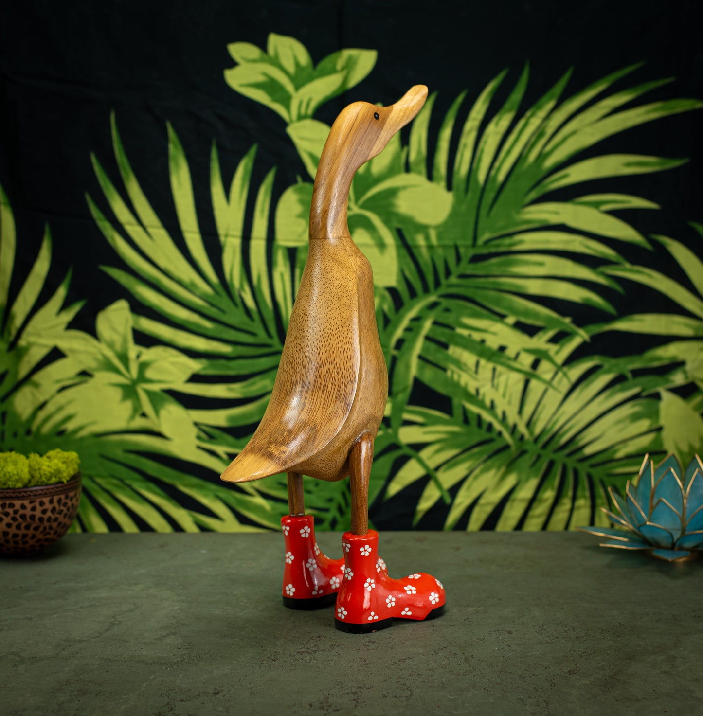 Hand Carved, Hand Painted Wooden Sculpture of a Duck in Shiny Orange Boots with Flowers