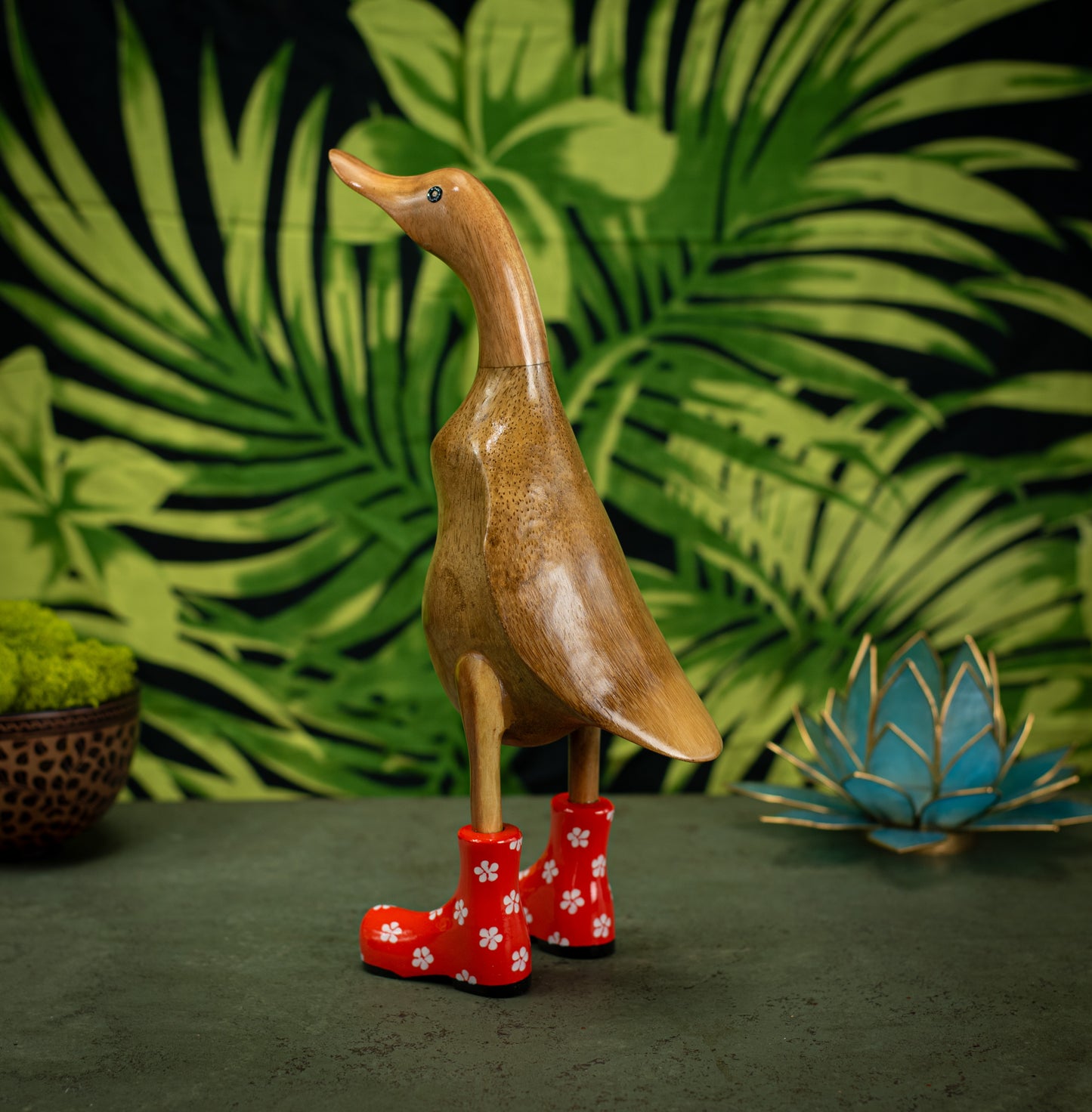 Hand Carved, Hand Painted Wooden Sculpture of a Duck in Shiny Orange Boots with Flowers