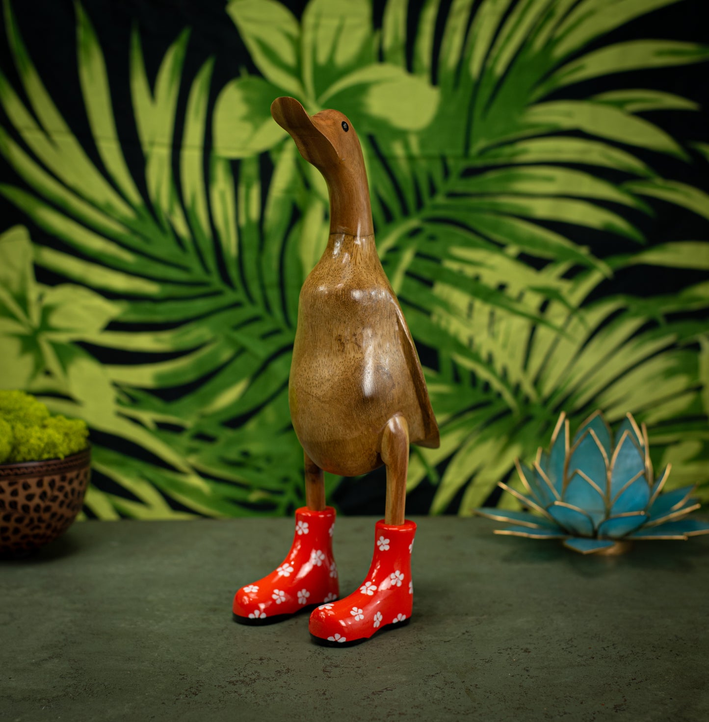 Hand Carved, Hand Painted Wooden Sculpture of a Duck in Shiny Orange Boots with Flowers