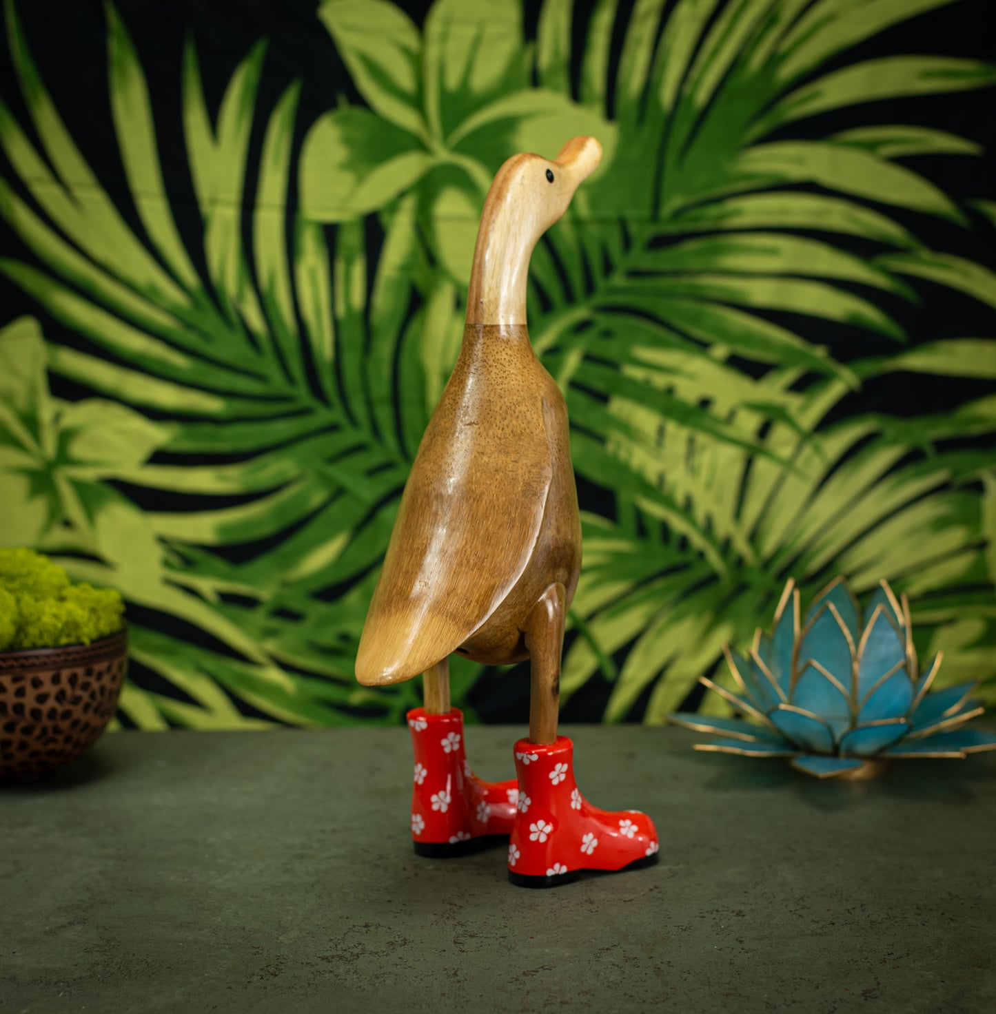 Hand Carved, Hand Painted Wooden Sculpture of a Duck in Shiny Orange Boots with Flowers