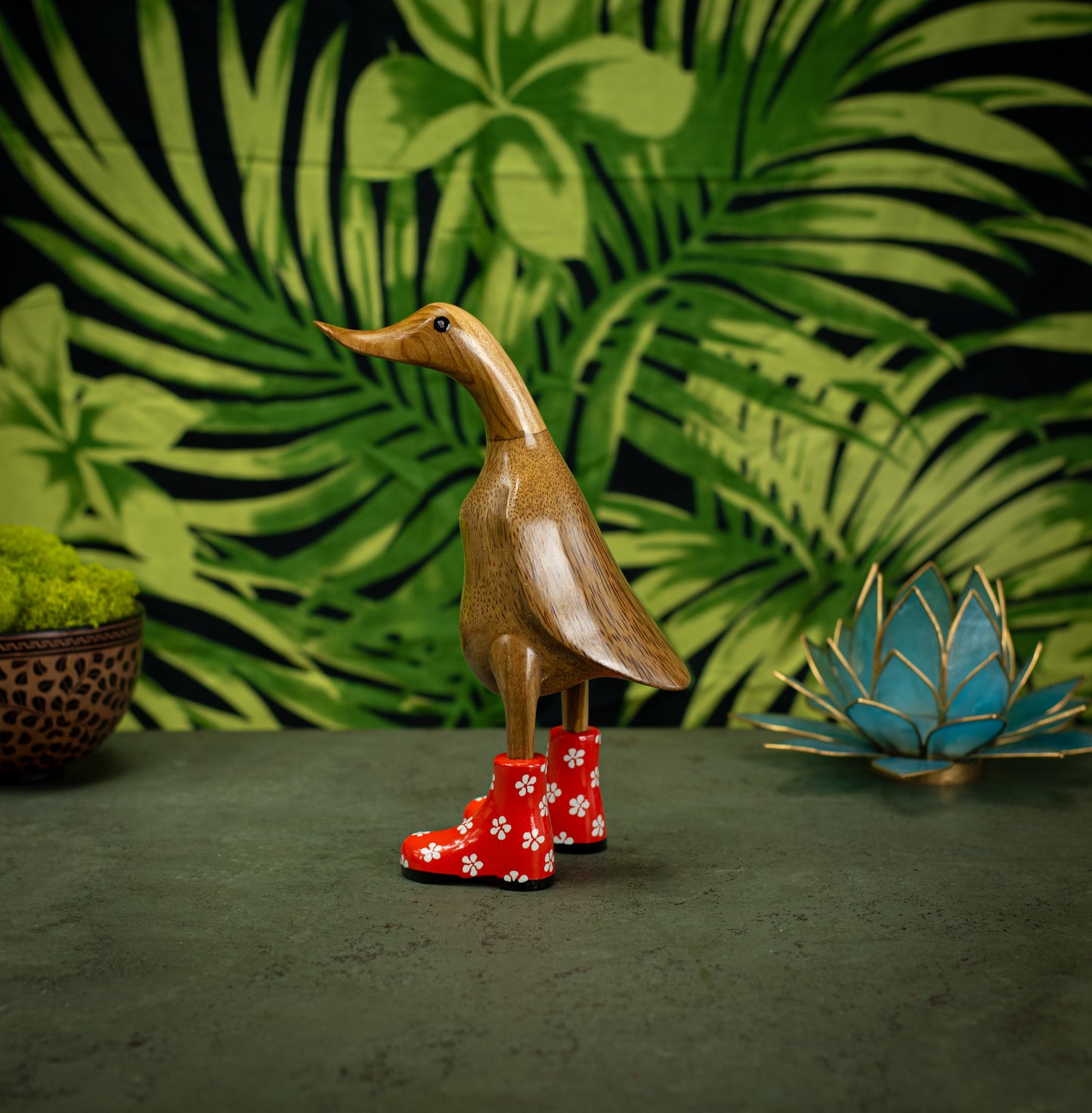 Hand Carved, Hand Painted Wooden Sculpture of a Duck in Shiny Orange Boots with Flowers