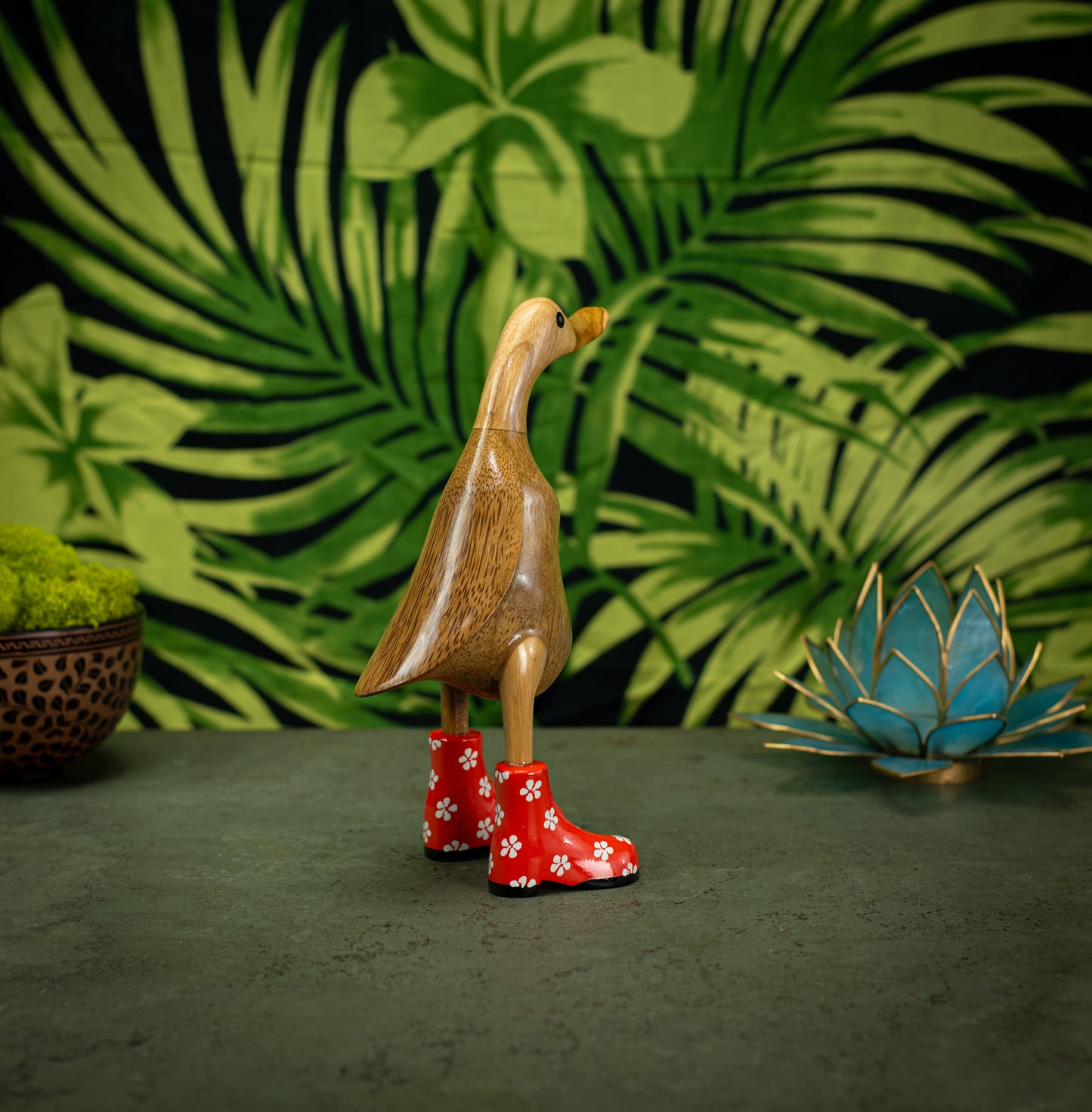Hand Carved, Hand Painted Wooden Sculpture of a Duck in Shiny Orange Boots with Flowers