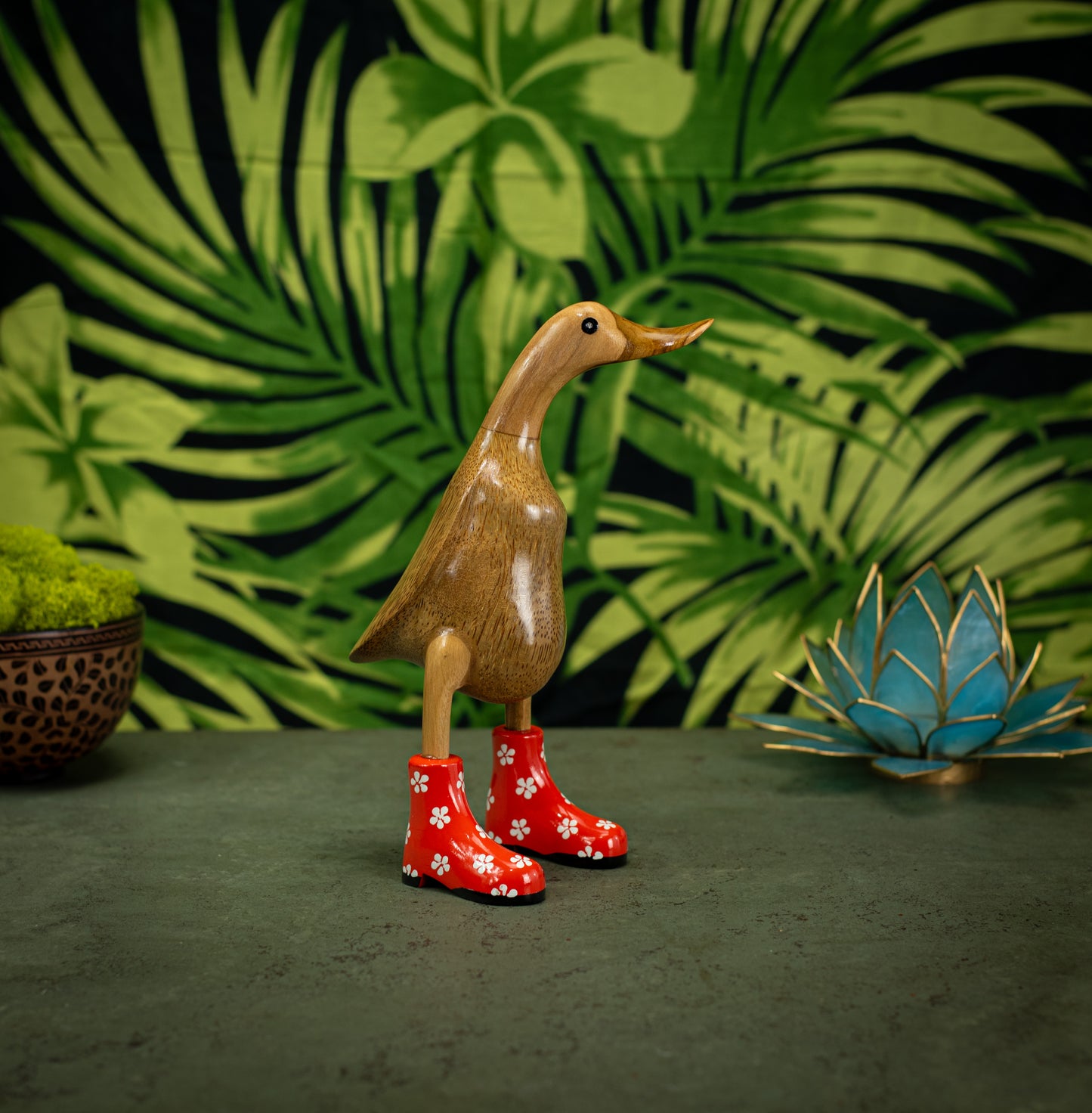 Hand Carved, Hand Painted Wooden Sculpture of a Duck in Shiny Orange Boots with Flowers