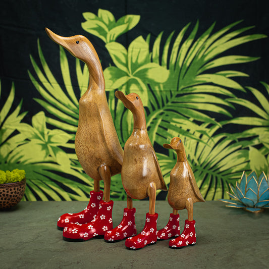 Hand Carved, Hand Painted Wooden Sculpture of a Duck in Shiny Red Boots with Flowers
