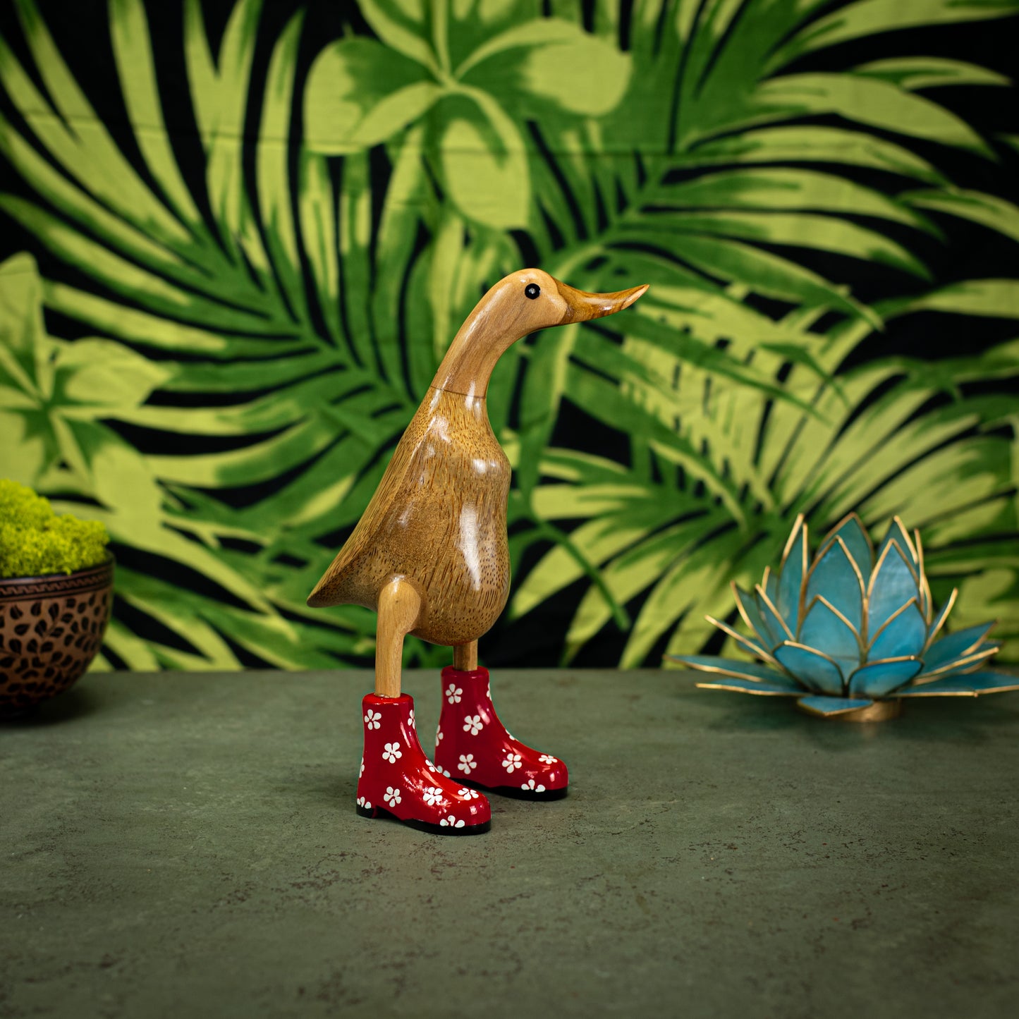 Hand Carved, Hand Painted Wooden Sculpture of a Duck in Shiny Red Boots with Flowers