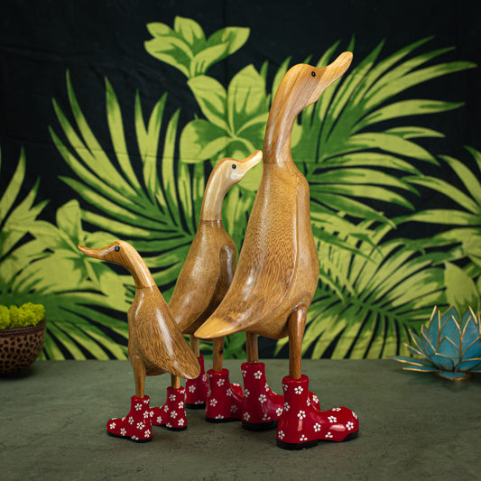 Hand Carved, Hand Painted Wooden Sculpture of a Duck in Shiny Red Boots with Flowers