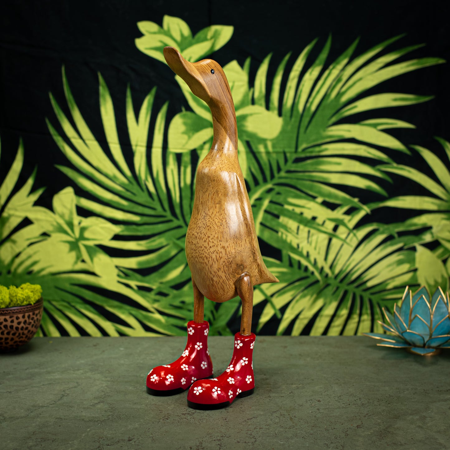 Hand Carved, Hand Painted Wooden Sculpture of a Duck in Shiny Red Boots with Flowers