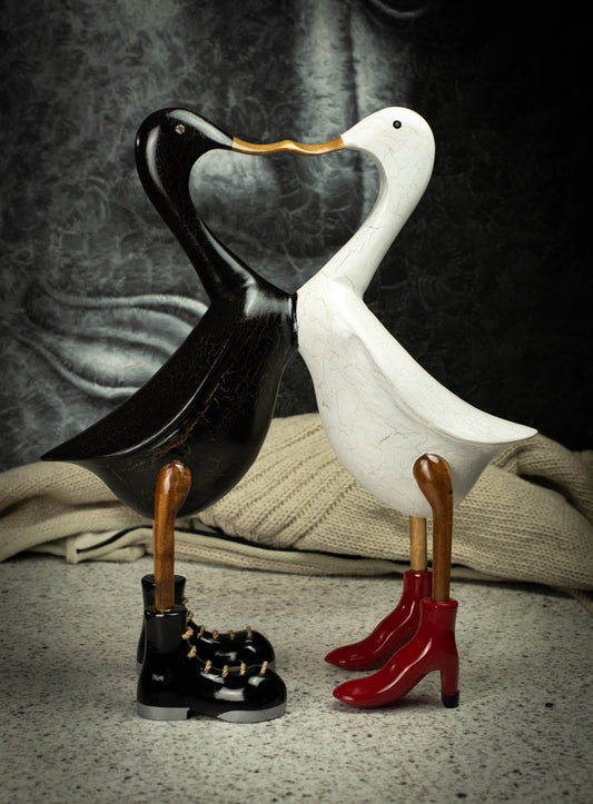 Hand Carved, Natural Wooden Sculpture of a Pair of Ducks in Love