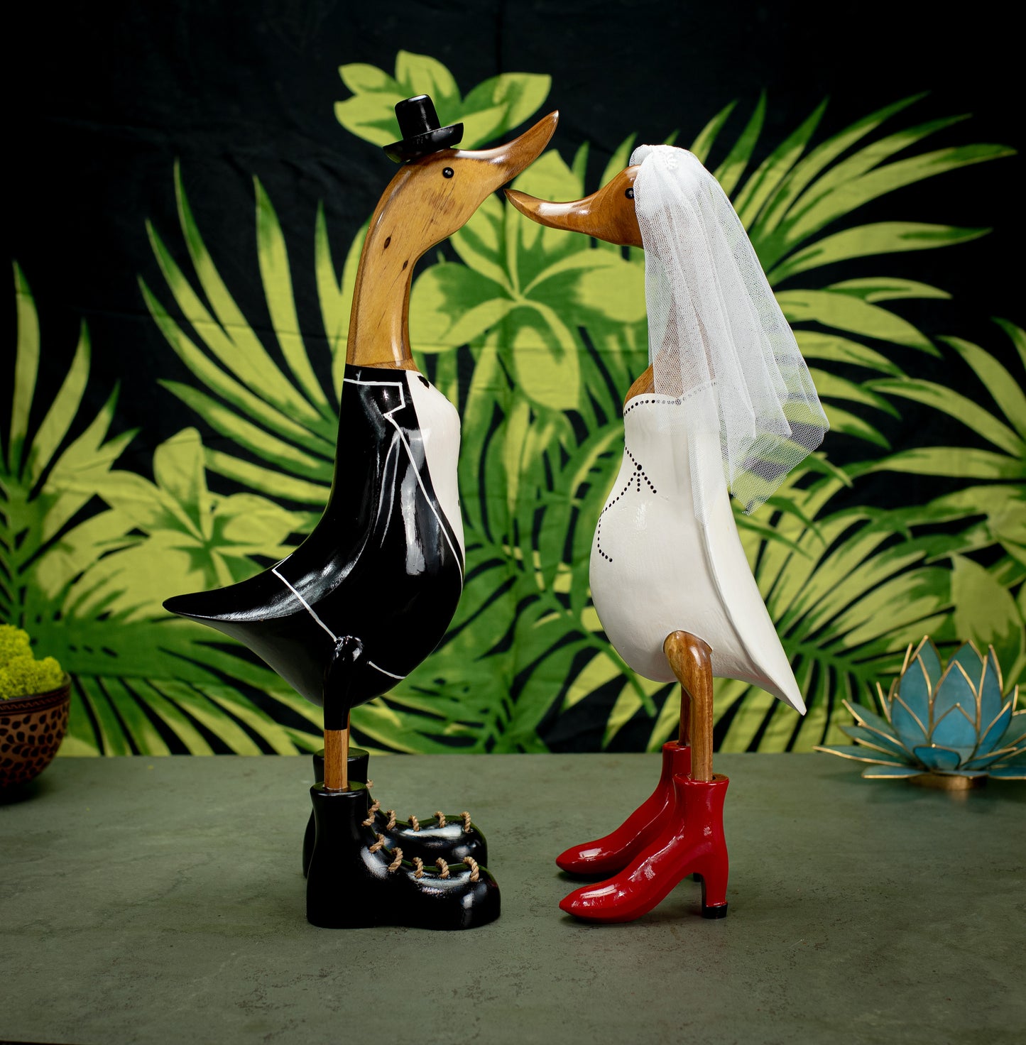 Hand Made Hand Painted Wooden Sculpture of Bride & Groom Pair of Wooden Ducks