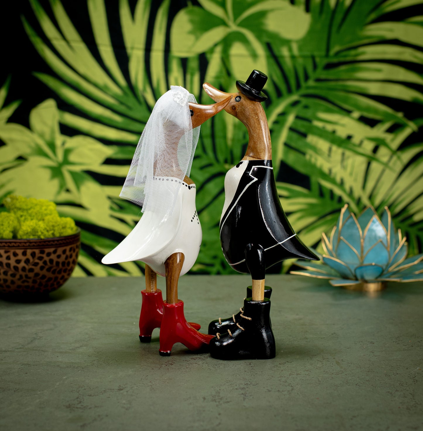Hand Made Hand Painted Wooden Sculpture of Bride & Groom Pair of Wooden Ducks