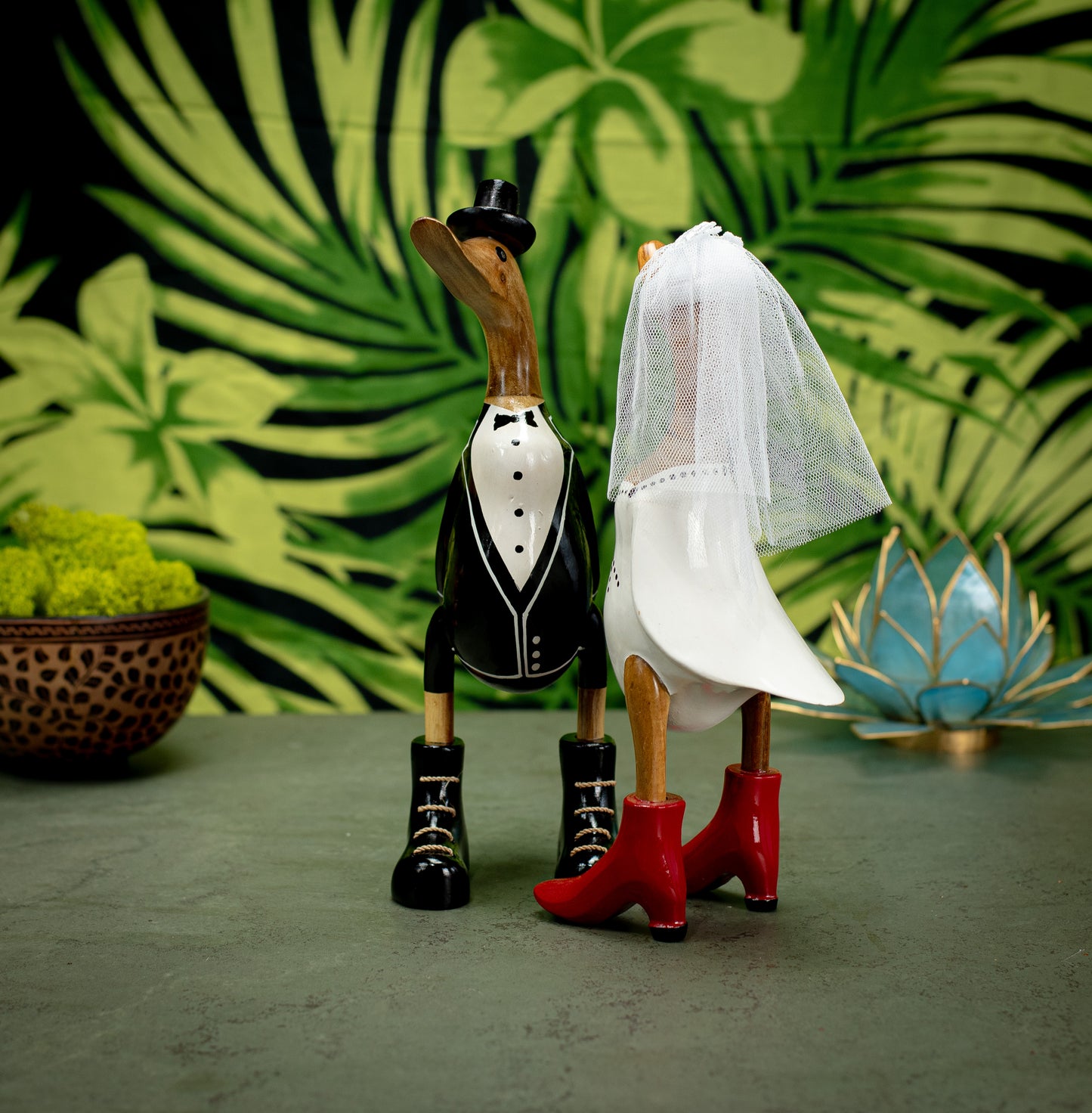 Hand Made Hand Painted Wooden Sculpture of Bride & Groom Pair of Wooden Ducks