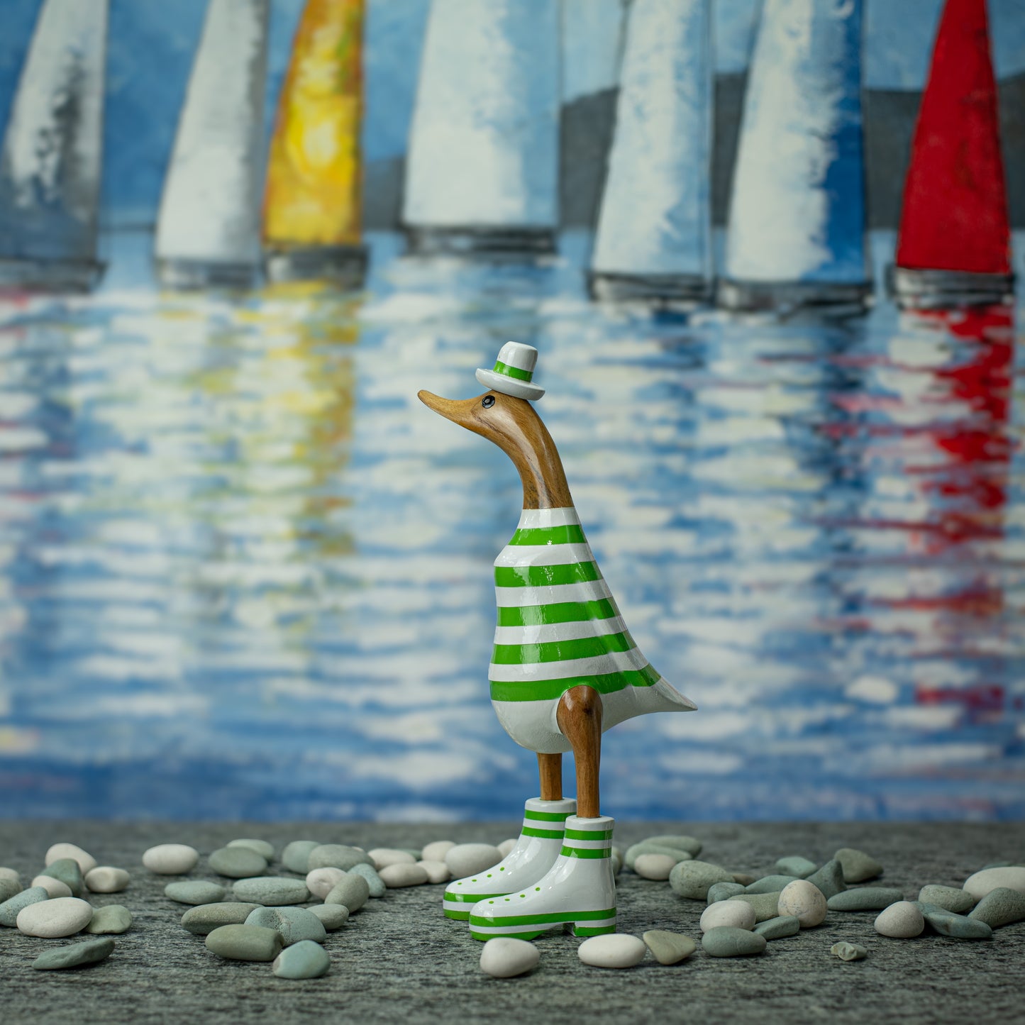 Hand Made Hand Painted Wooden Sculpture of a Duck in a Green Striped Shirt & Hat