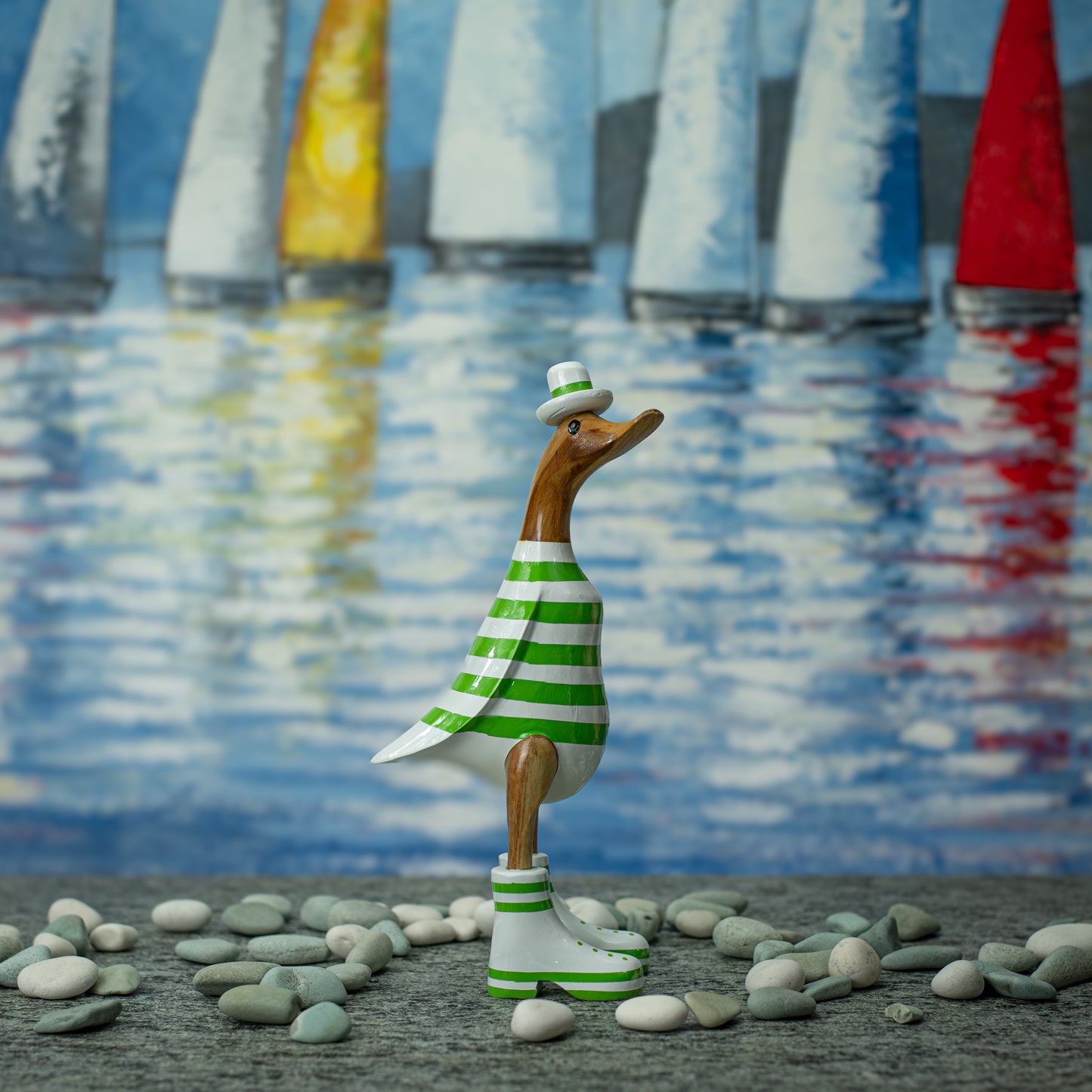 Hand Made Hand Painted Wooden Sculpture of a Duck in a Green Striped Shirt & Hat