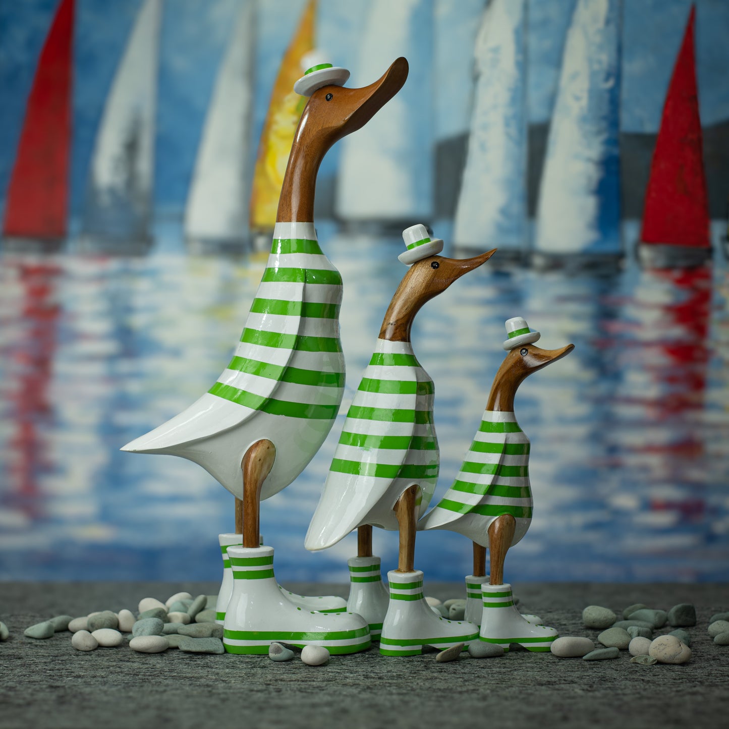 Hand Made Hand Painted Wooden Sculpture of a Duck in a Green Striped Shirt & Hat