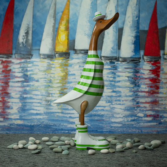Hand Made Hand Painted Wooden Sculpture of a Duck in a Green Striped Shirt & Hat