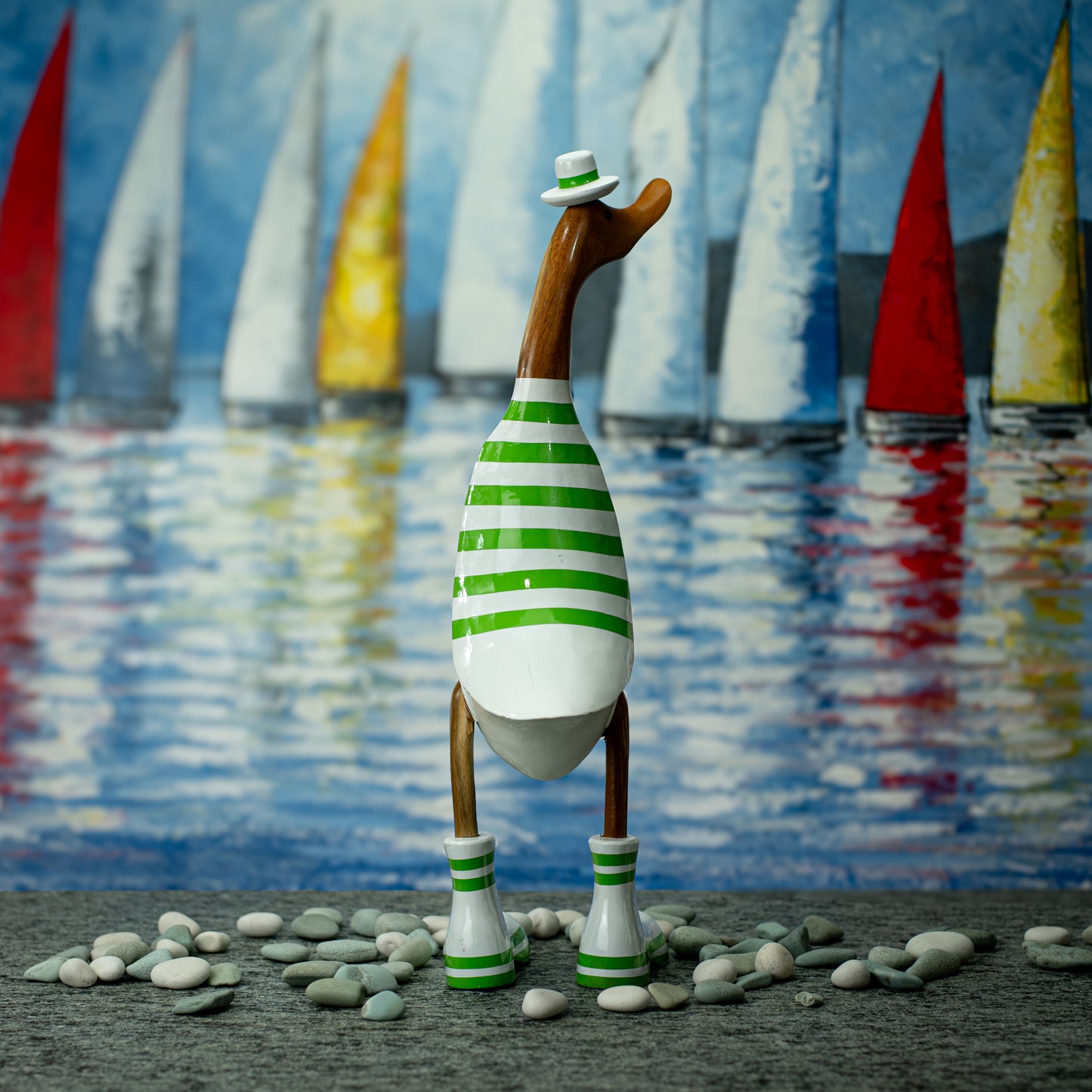 Hand Made Hand Painted Wooden Sculpture of a Duck in a Green Striped Shirt & Hat