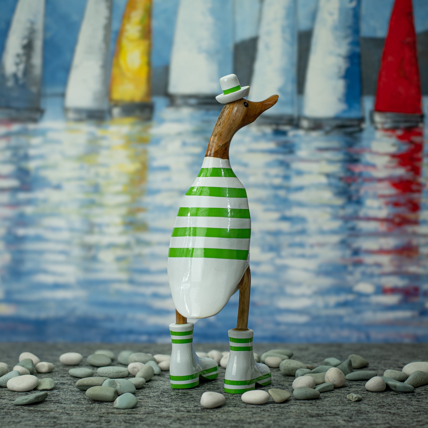 Hand Made Hand Painted Wooden Sculpture of a Duck in a Green Striped Shirt & Hat