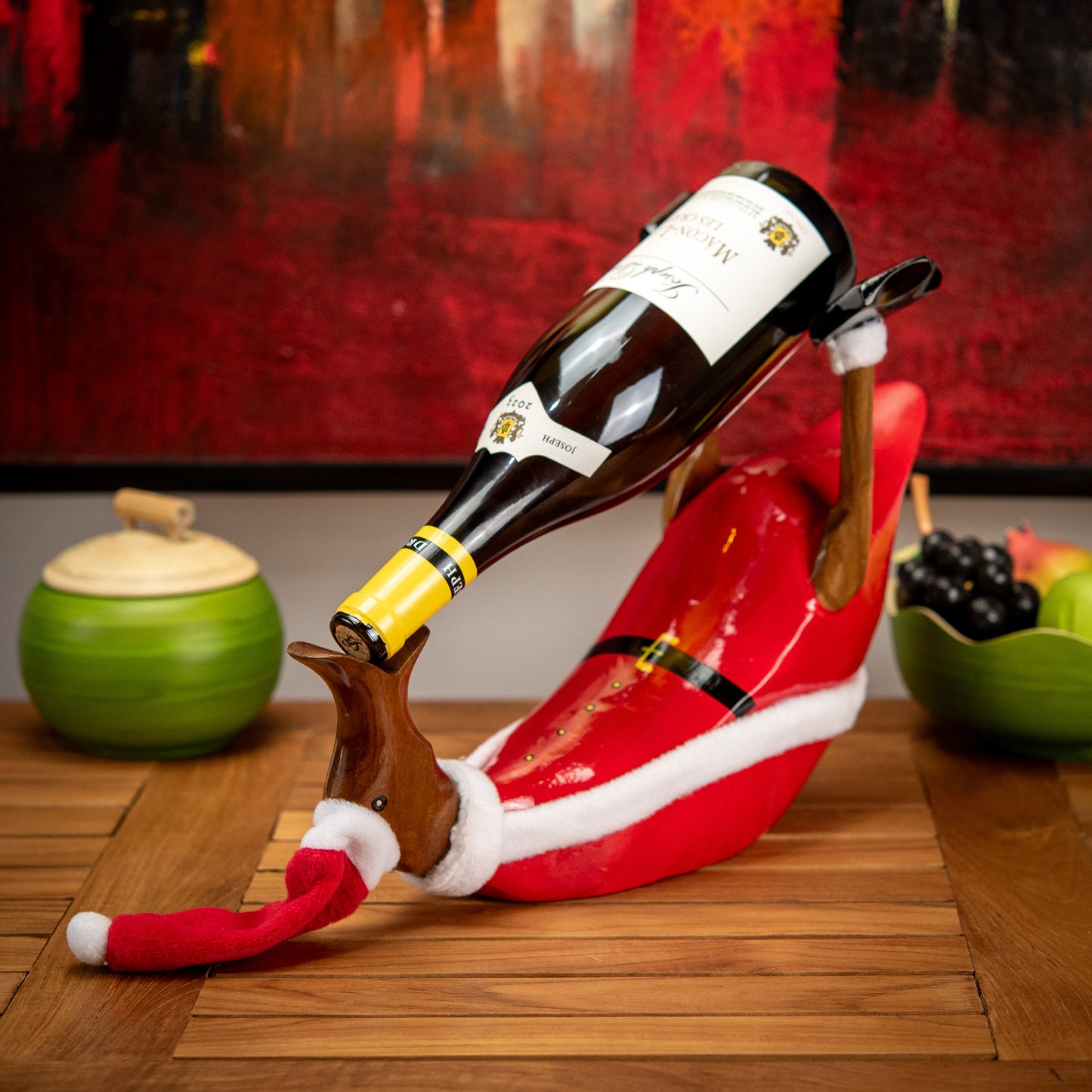 Hand Carved Wooden Santa Duck Wine Holder Sculpture