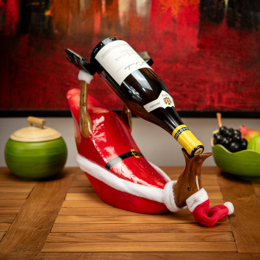 Hand Carved Wooden Santa Duck Wine Holder Sculpture