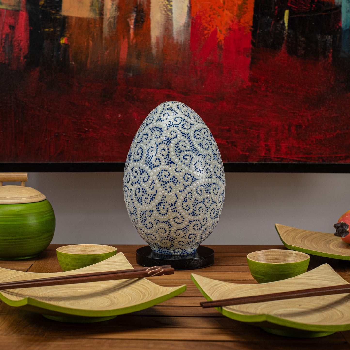 Hand-Painted Egg Shape Resin Lamp with Blue Dotted Spiral Decoration