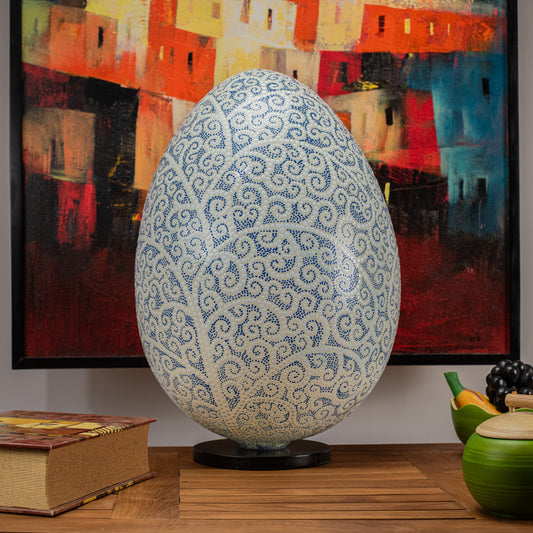 Hand-Painted Egg Shape Resin Lamp with Blue Dotted Spiral Decoration
