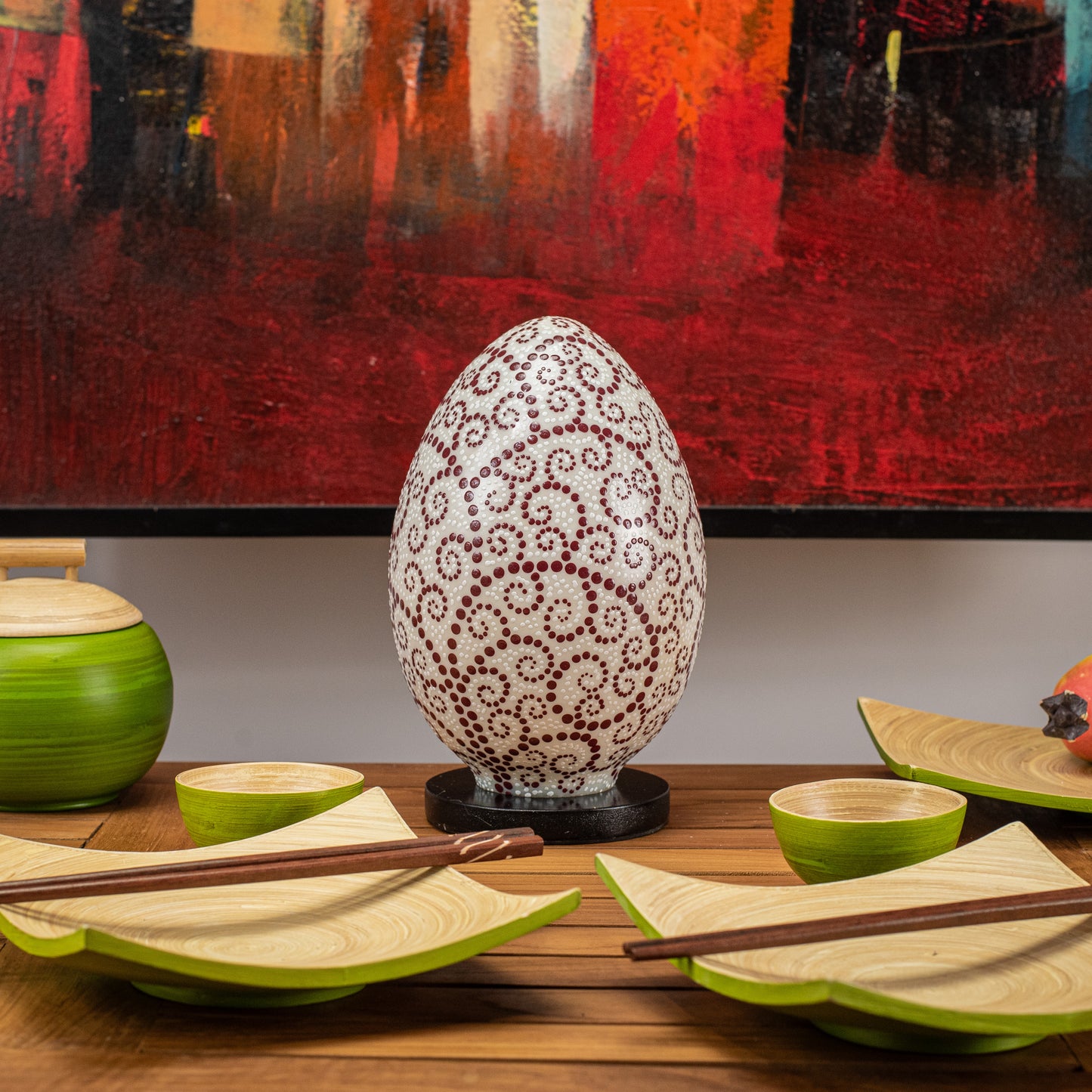 Hand-Painted Egg Shape Resin Lamp with Maroon Dotted Spiral Decoration