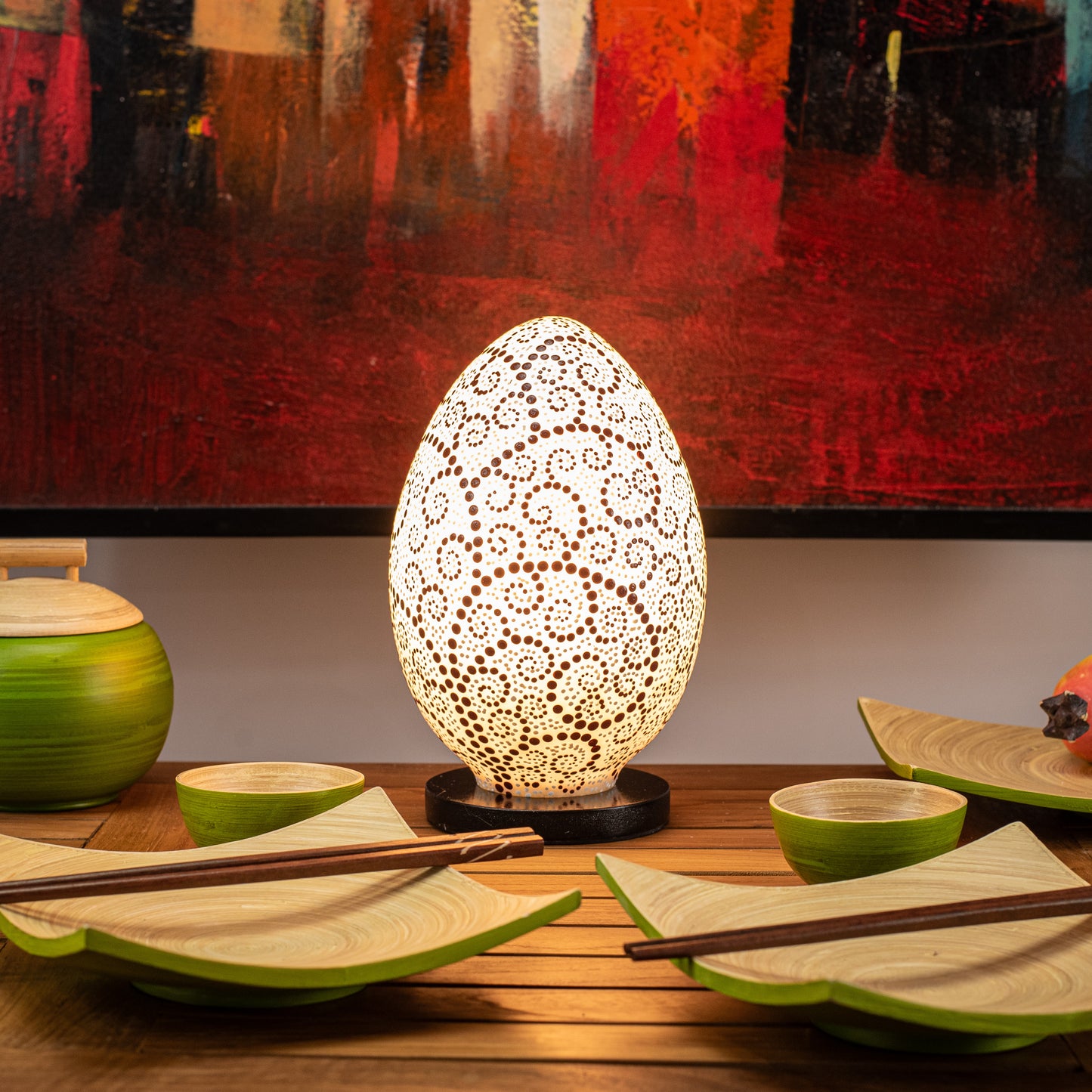 Hand-Painted Egg Shape Resin Lamp with Maroon Dotted Spiral Decoration