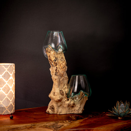 Pair of Blown Glass Vases on Natural Coffee Root Plinth