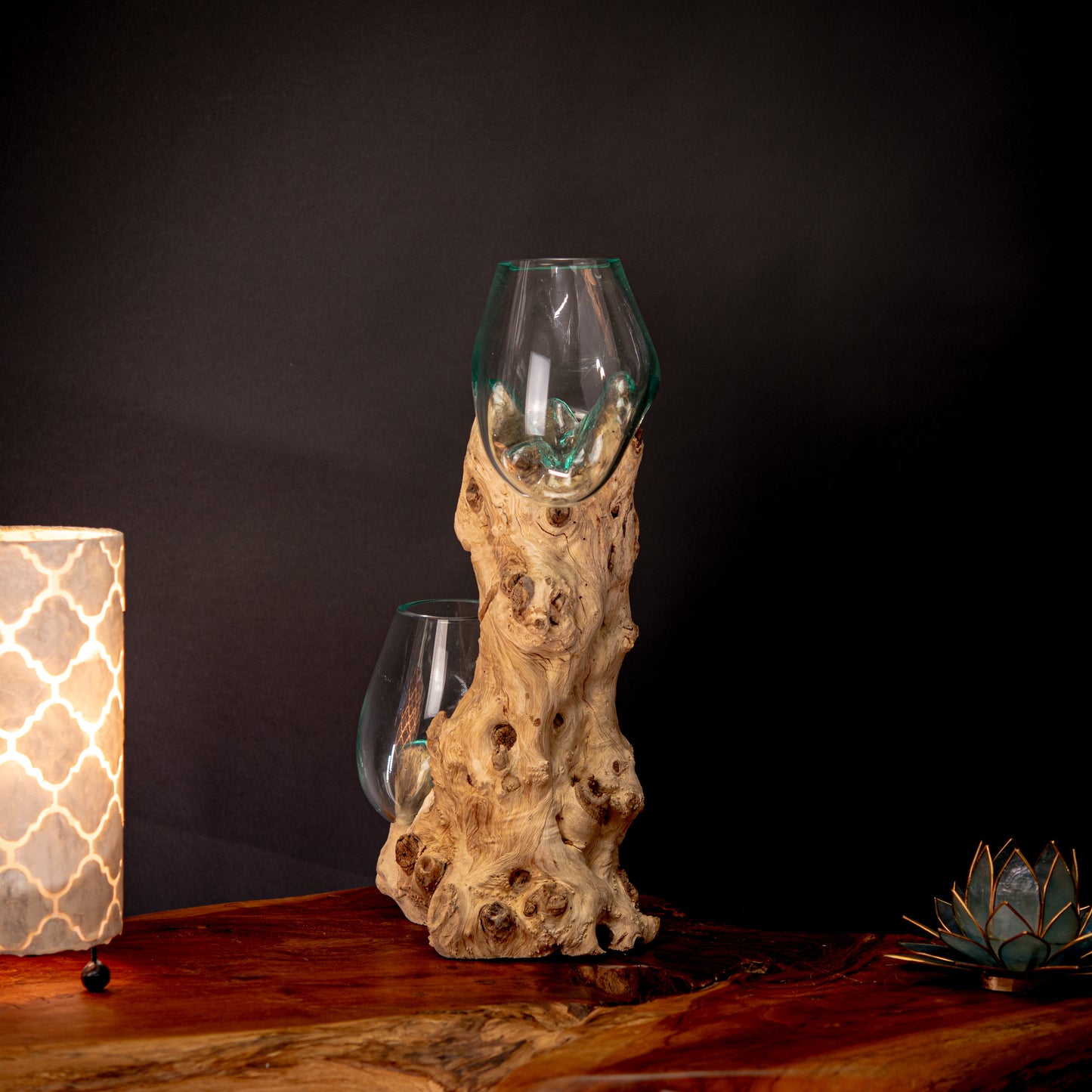 Pair of Blown Glass Vases on Natural Coffee Root Plinth