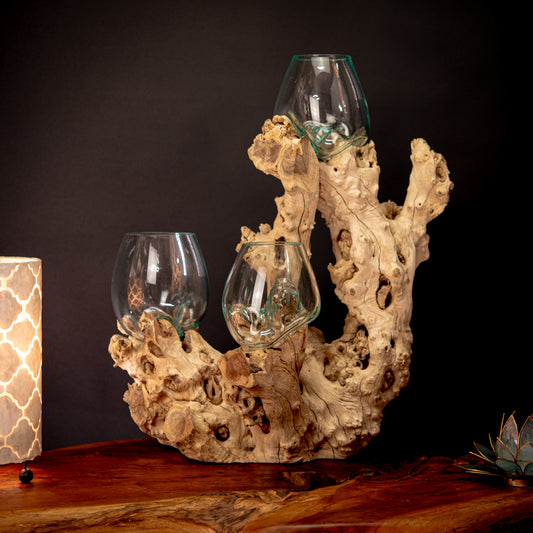 Trio of Blown Glass Vases on Natural Coffee Root Plinth