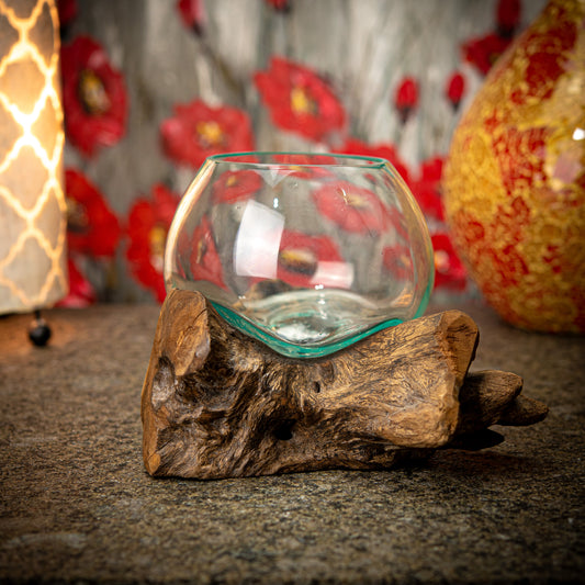 Blown Glass Bowl on Natural Coffee Root Plinth