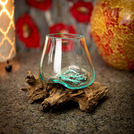 Blown Glass Bowl on Natural Teak Root Plinth