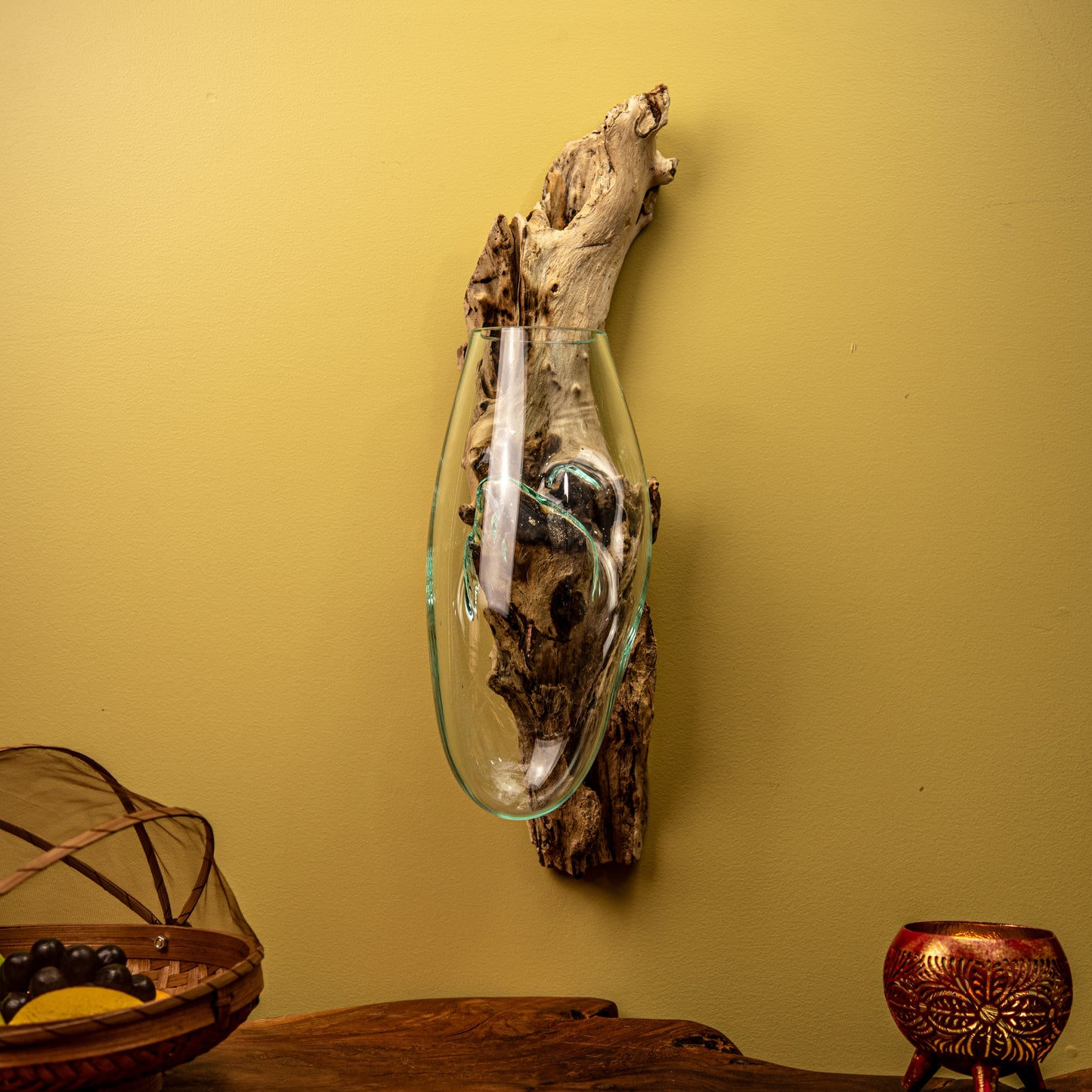 Blown Glass Vase on Natural Coffee Root Wall-Mount