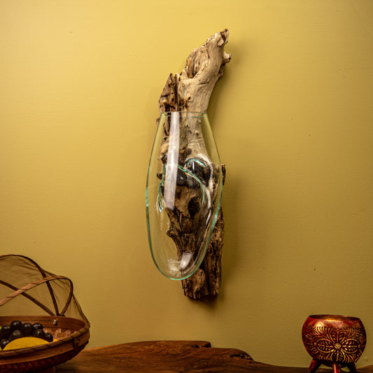 Blown Glass Vase on Natural Coffee Root Wall-Mount