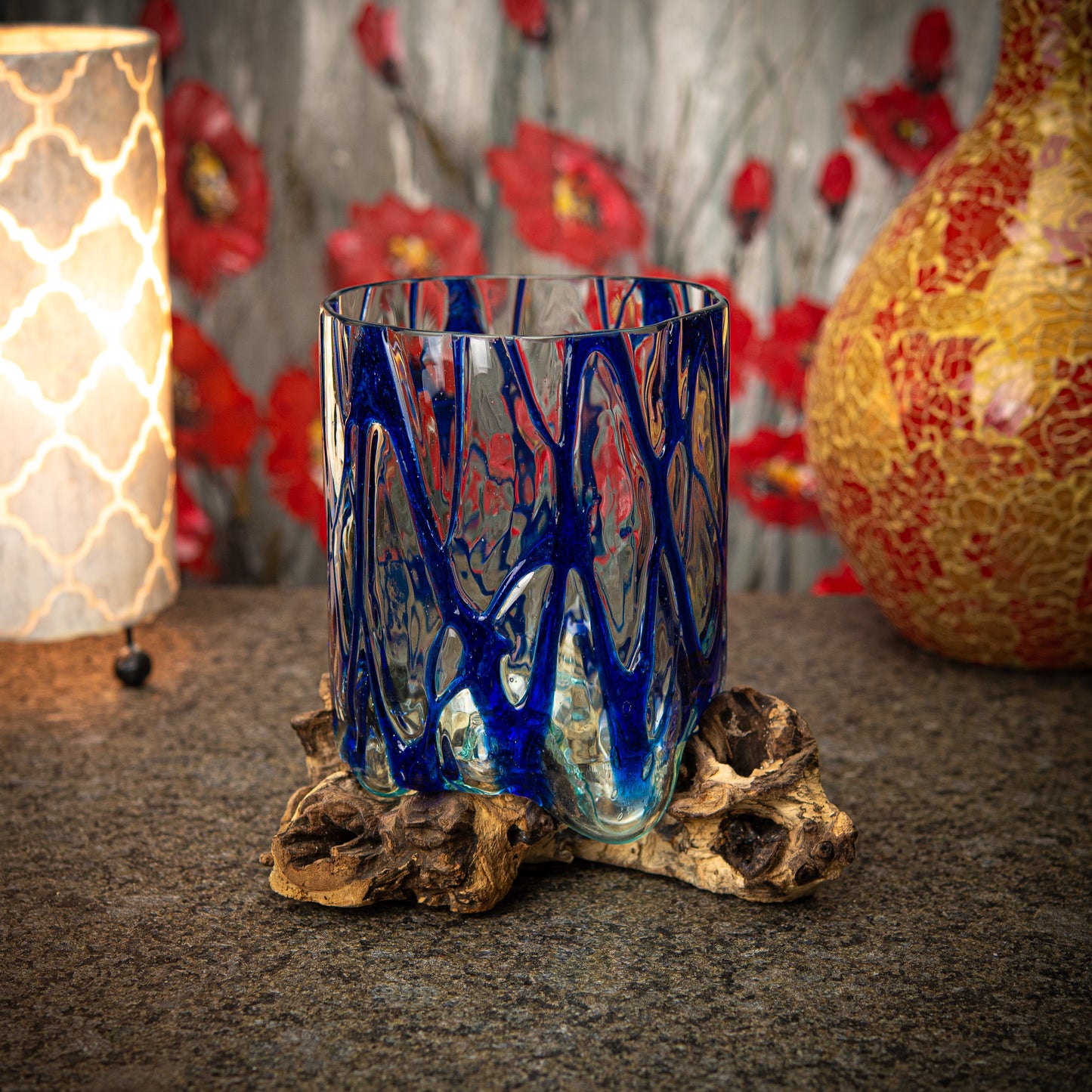 Blown Marbeled Blue-Glass Cut Vase on Natural Coffee Root Plinth