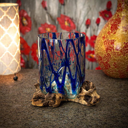 Blown Marbeled Blue-Glass Cut Vase on Natural Coffee Root Plinth