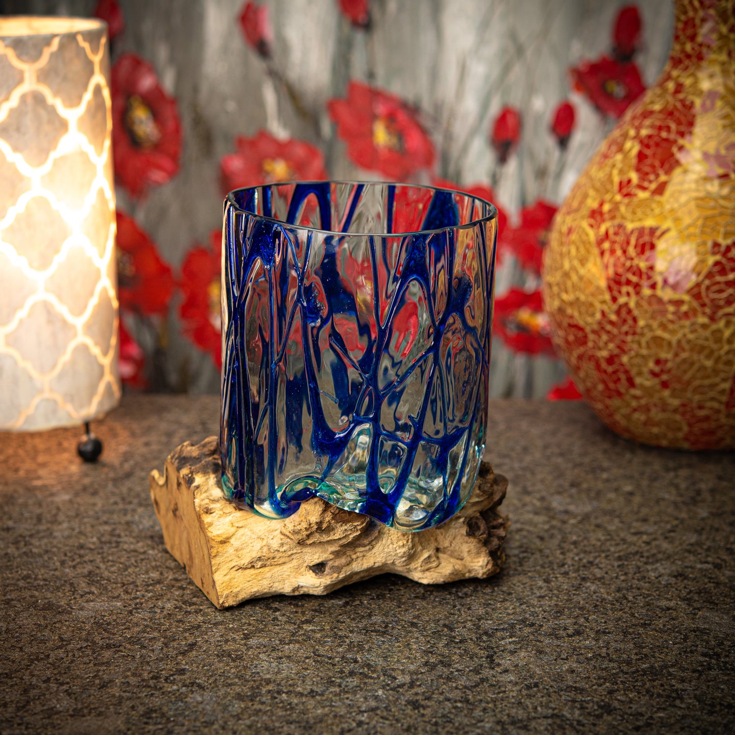 Blown Marbeled Blue-Glass Cut Vase on Natural Coffee Root Plinth